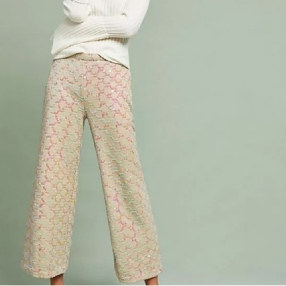 Cream Sequin Wide Leg Anthropologie Cropped Pants